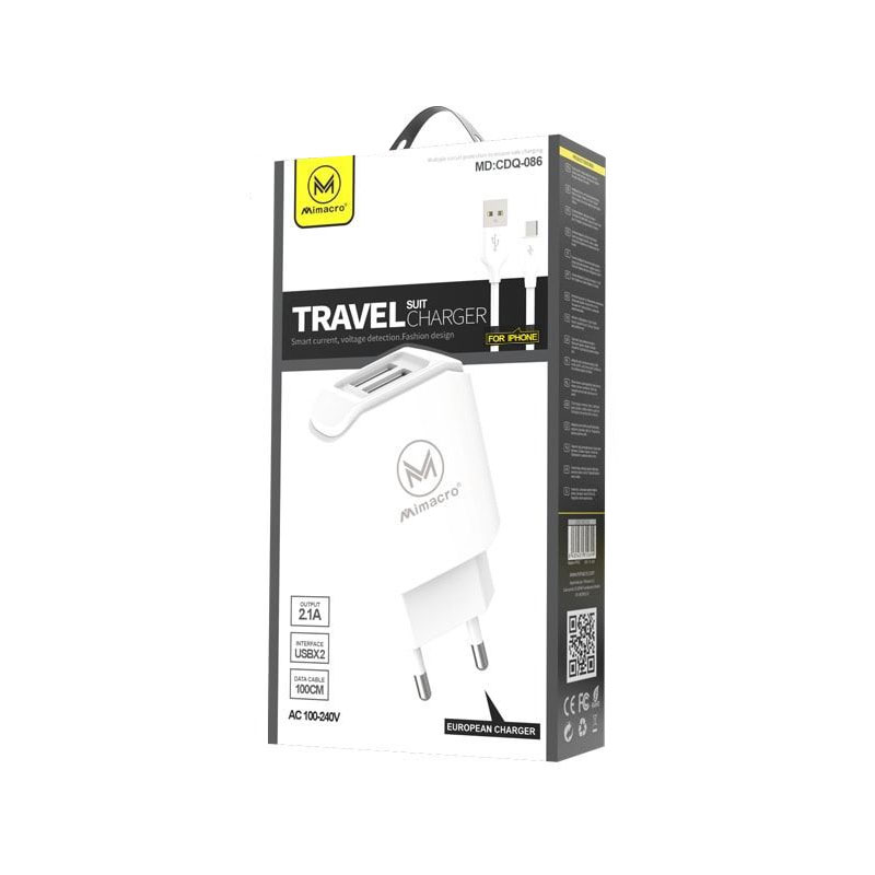 Maxcell (CDQ086) - Incarcator Retea + Cablu Lightning, 5V, 2.1A, 2xUSB-A, White