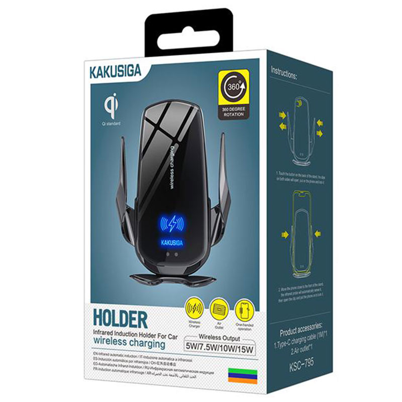 Kaku (KSC-795) - Suport Auto Wireless, 15W, cu cleme laterale, montaj Ventilatie, cablu USB-C, 1m, AutoSensor Lock, Black