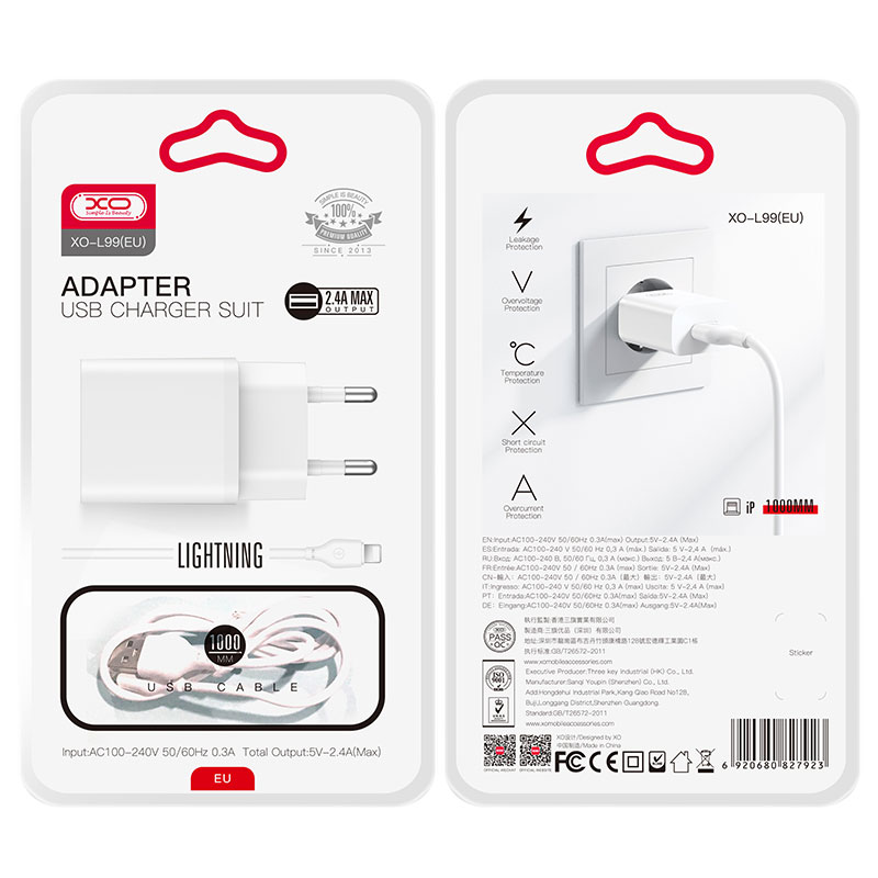 XO (L99) - Incarcator Retea + Cablu Lightning, 2.4A, 1xUSB-A, QC 3.0, White