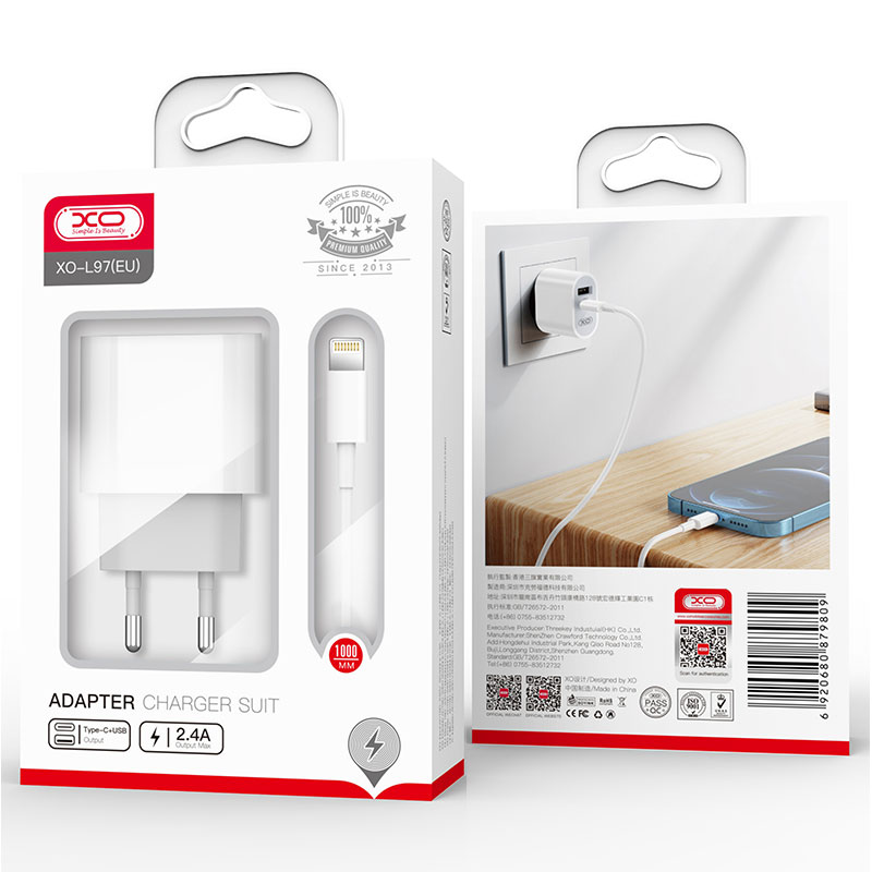 XO (L97) - Incarcator Retea + Cablu Lightning, 2.4A, 1xUSB-C, 1xUSB-A, PD, QC 3.0, White