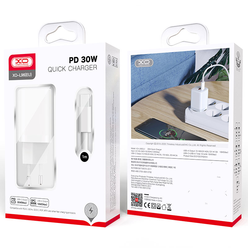 XO (L96) - Incarcator Retea + Cablu USB-C, 30W, 1xUSB-C, 1xUSB-A, PD, QC 3.0, White