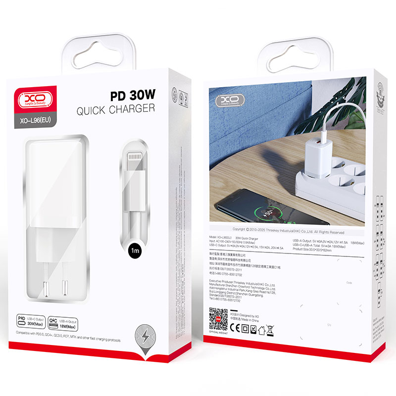 XO (L96) - Incarcator Retea + Cablu Lightning, 30W, 1xUSB-C, 1xUSB-A, PD, QC 3.0, White