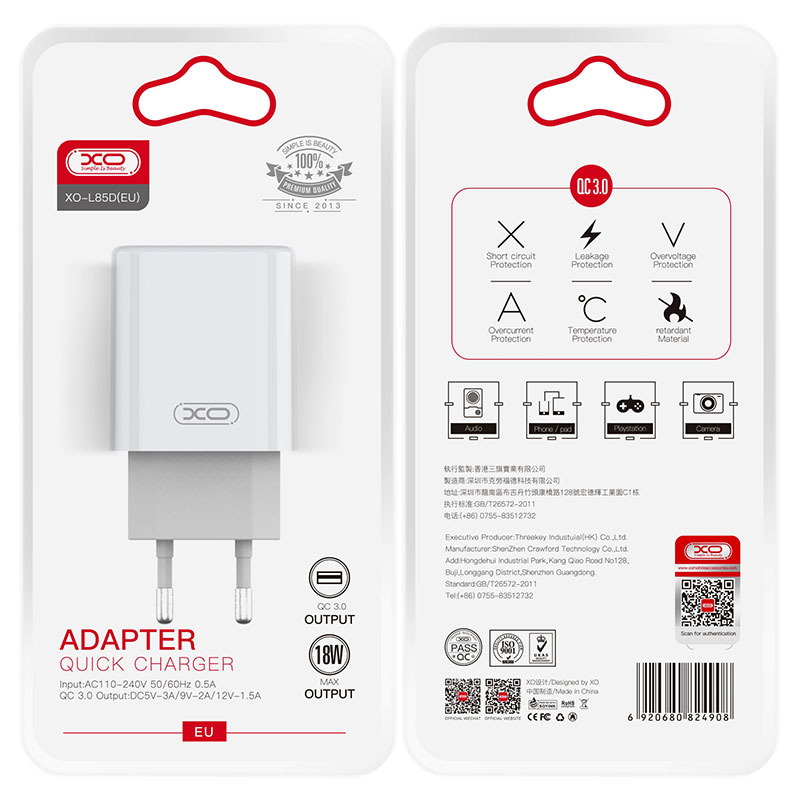 XO (L85D) - Incarcator Retea, 18W, 1xUSB-A, QC 3.0, White