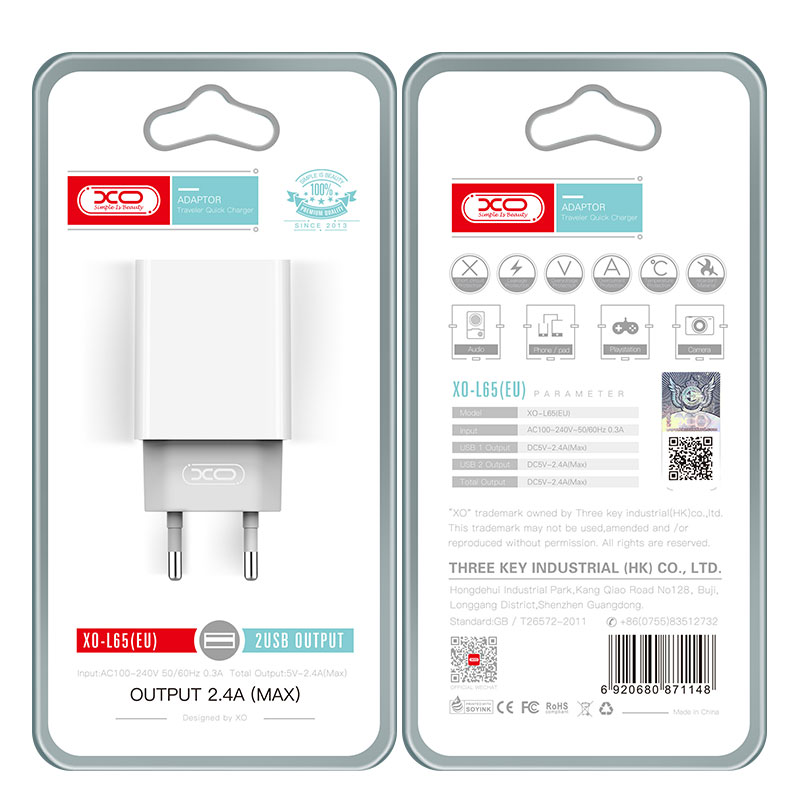 XO (L65) - Incarcator Retea, 2.4A, 2xUSB-A, QC 3.0, White