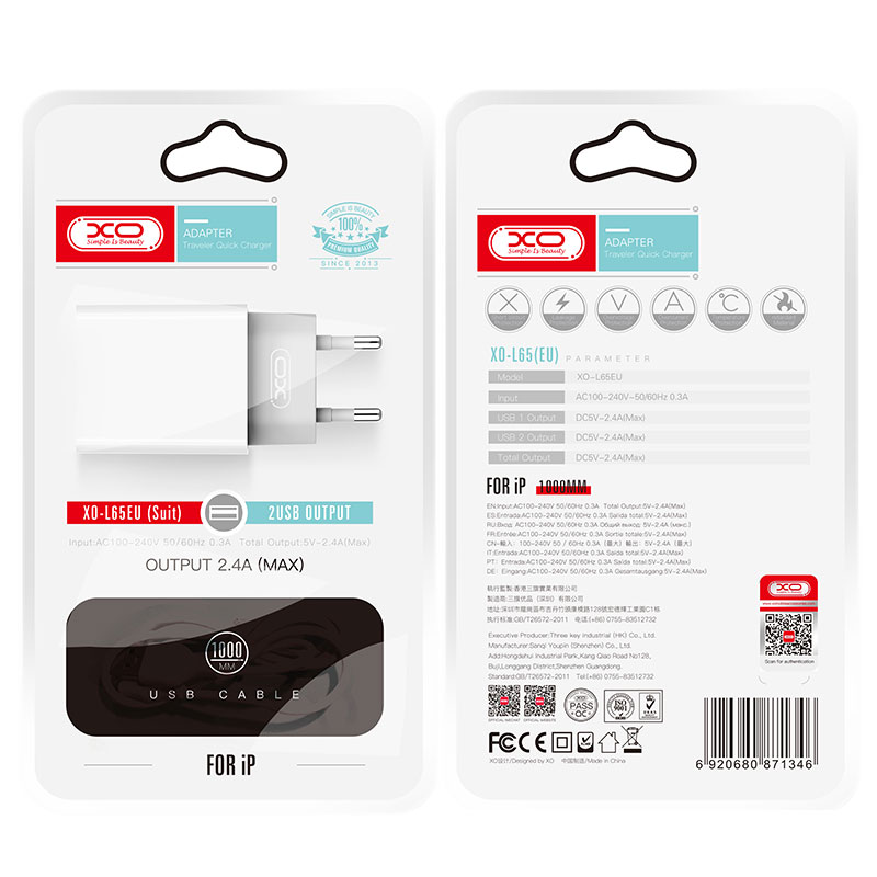 XO (L65) - Incarcator Retea + Cablu Lightning, 2.4A, 2xUSB-A, QC 3.0, White