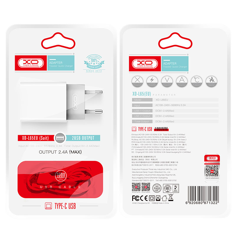 XO (L65) - Incarcator Retea + Cablu USB-C, 2.4A, 2xUSB-A, QC 3.0, White