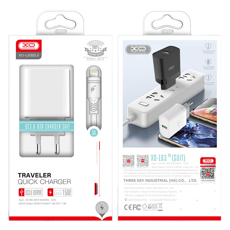 XO (L63) - Incarcator Retea + Cablu Lightning, 15W, 1xUSB-A, QC 3.0, White