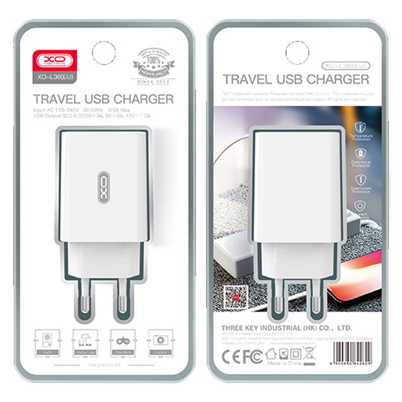 XO (L36) - Incarcator Retea, 18W, 1xUSB-A, QC 3.0, White