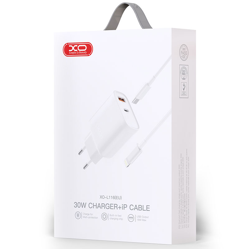 XO (L116) - Incarcator Retea + Cablu Lightning, 30W, 1xUSB-C, 1xUSB-A, PD, QC 3.0, White