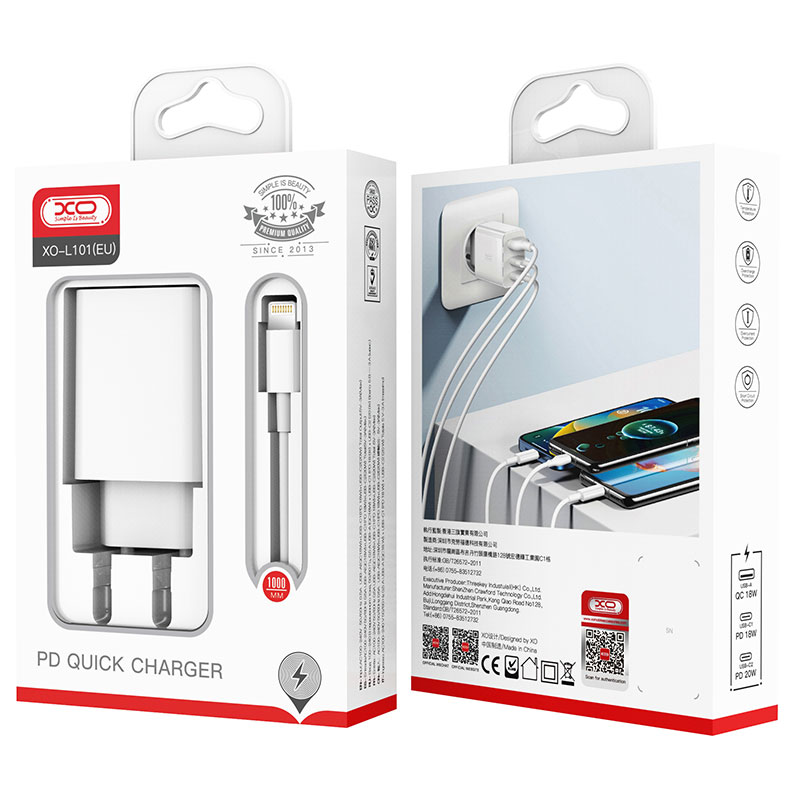 XO (L101) - Incarcator Retea + Cablu Lightning, 20W, 2xUSB-C, 1xUSB-A, PD, QC 3.0, White