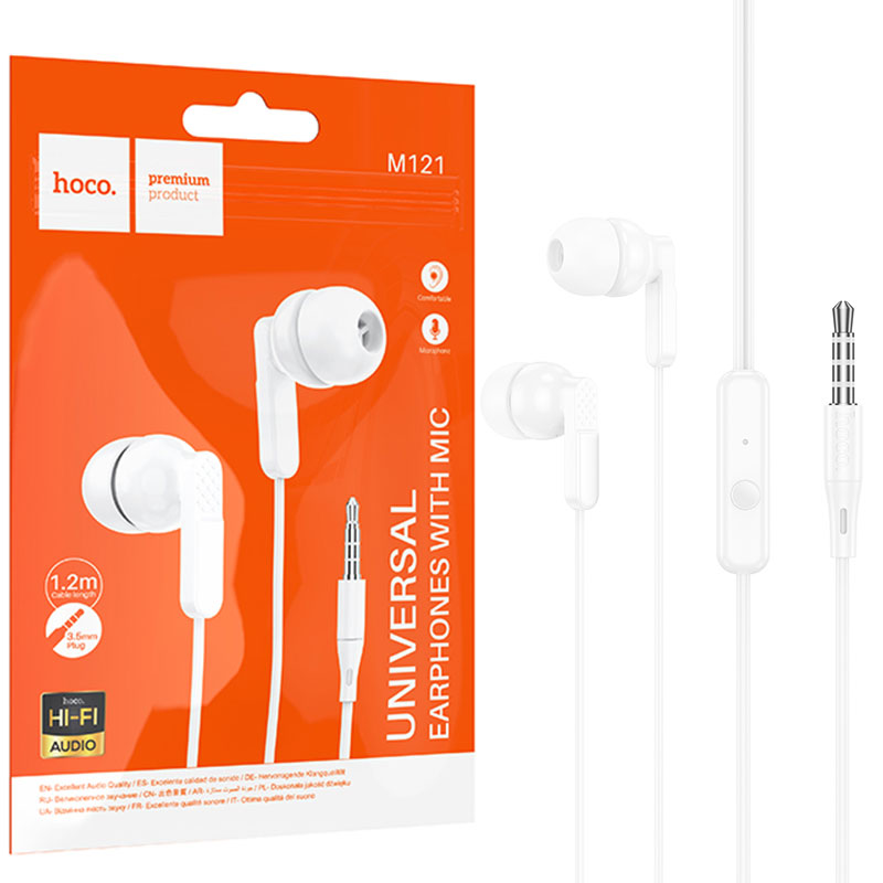 Hoco (M121) - Casti cu Fir, In Ear, 3.5mm, 1.2m, Mic & Volume Key, HiFi, White