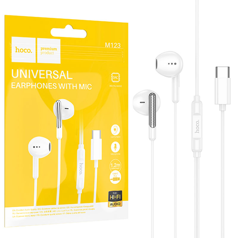 Hoco (M123) - Casti cu Fir, In Ear, USB-C, 1.2m, Mic & Volume Key, HiFi, White