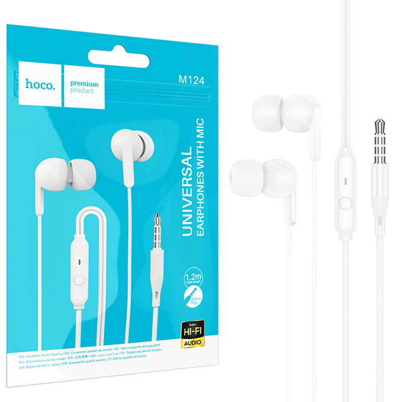 Hoco (M124) - Casti cu Fir, In Ear, 3.5mm, 1.2m, Mic & Volume Key, HiFi, White