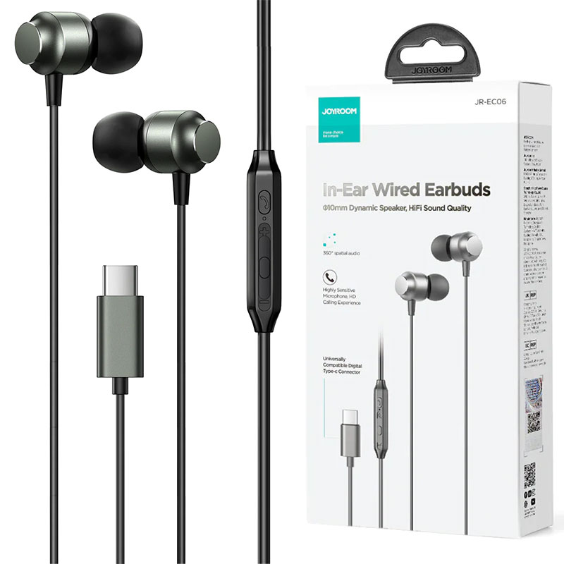 Joyroom (JR-EC06) - Casti cu Fir, In Ear, USB-C, 1.2m, Mic & Volume Key, HiFi, Gray