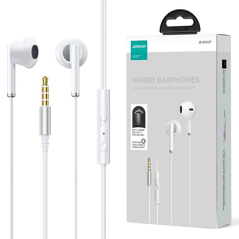 Joyroom (JR-EW07) - Casti cu Fir, In Ear, 3.5mm, 1.2m, Mic & Volume Key, HiFi + Husa | WHITE
