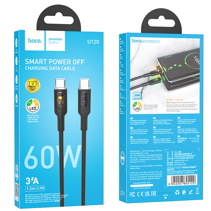 Hoco (U120) - Cablu Date si Incarcare, USB-C, PD60W, QC3.0, 3A, LED Power, 1.2m, Black