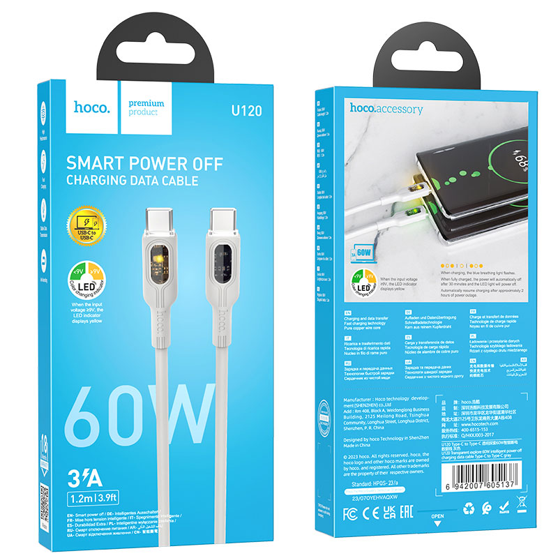 Hoco (U120) - Cablu Date si Incarcare, USB-C, PD60W, QC3.0, 3A, LED Power, 1.2m, Gray
