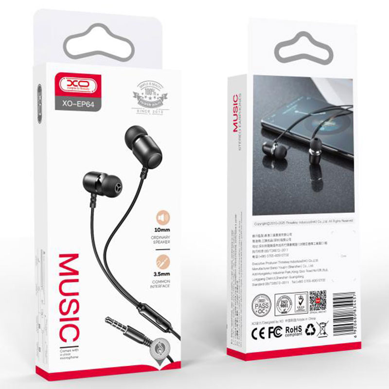 XO (EP64) - Casti cu Fir, In Ear, 3.5mm, 1.2m, Mic & Volume Key, HiFi, Black