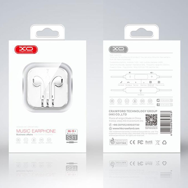 XO (S31) - Casti cu Fir, In Ear, 3.5mm, 1.2m, Mic & Volume Key, HiFi, White