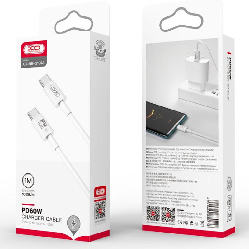 XO (NB-Q190A) - Cablu Date si Incarcare, USB-C, PD60W, QC3.0, 1m, White