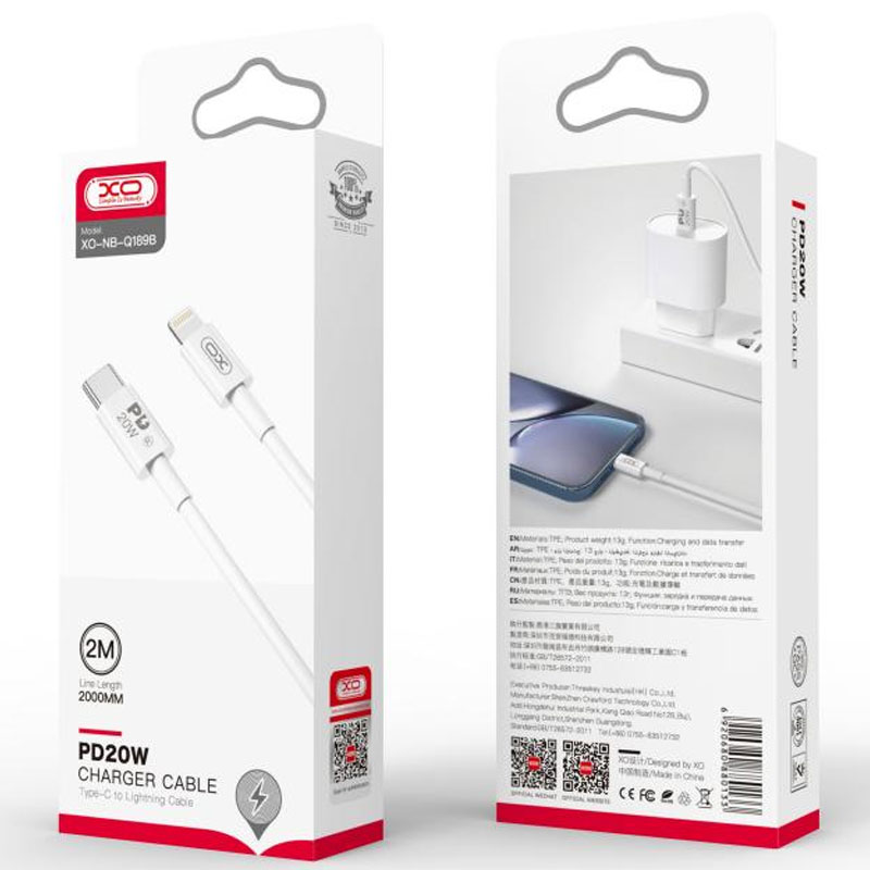 XO (NB-Q189B) - Cablu Date si Incarcare, USB-C la Lightning, PD20W, QC3.0, 2m, White