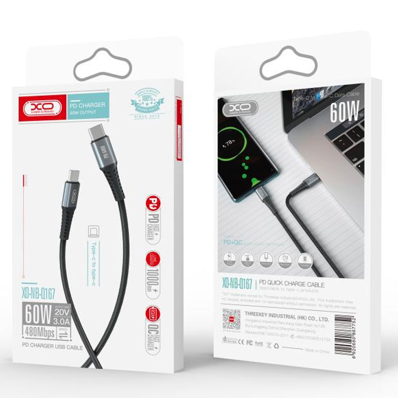 XO (NB-Q167) - Cablu Date si Incarcare, USB-C, PD60W, QC3.0, Metall Braided, 1m, Black