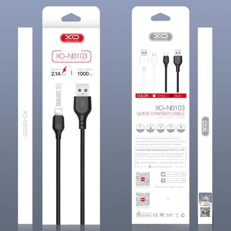 XO (NB103) - Cablu Date si Incarcare, USB-A la Lightning, 2.1A, Fast Charging, 2m, Black