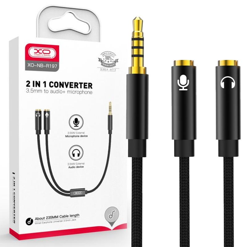 XO (NB-R197) - Cablu, Audio Y Splitter, Jack 3.5mm (M) - la 2x Jack 3.5mm (F) - 24cm, Black