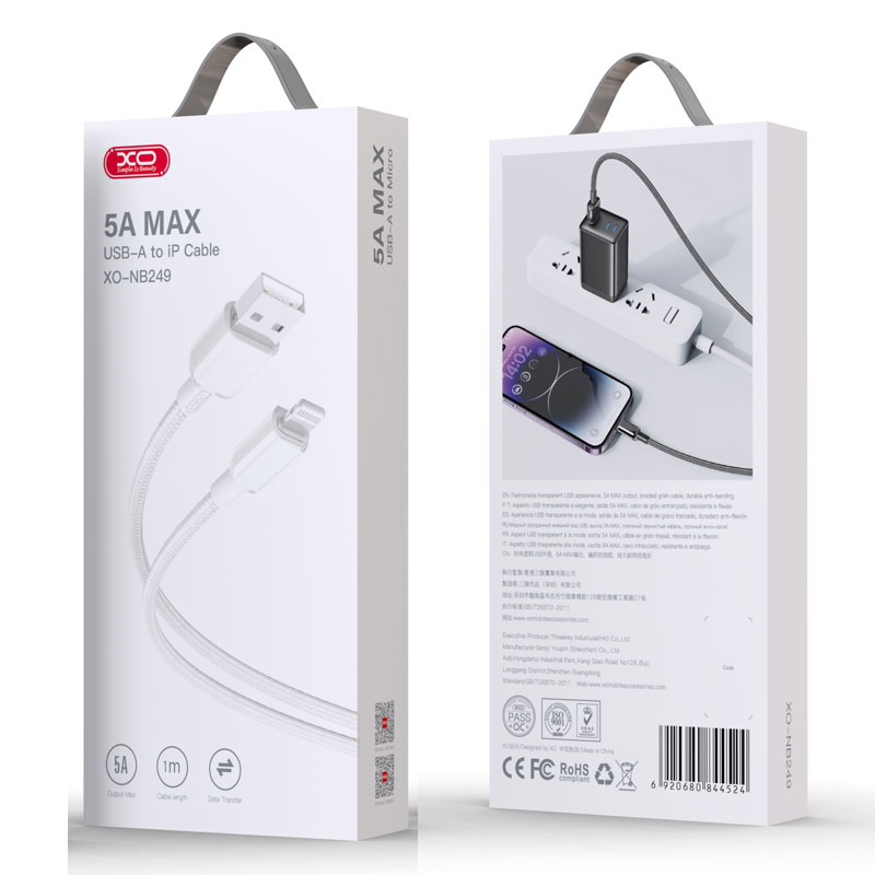 XO (NB249) - Cablu Date si Incarcare, USB-A la Lightning, 5A, Braided, 1m, White