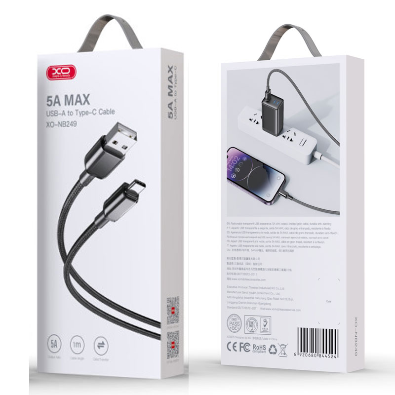 XO (NB249) - Cablu Date si Incarcare, USB-A la USB-C, 5A, Braided, 1m, Black