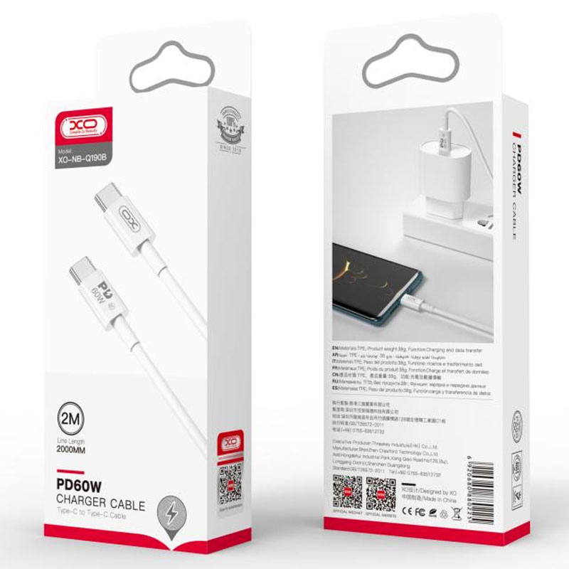 XO (NB-Q190B) - Cablu Date si Incarcare, USB-C, PD60W, QC3.0, 2m, White