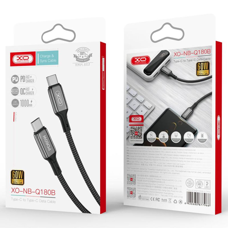 XO (NB-Q180B) - Cablu Date si Incarcare, USB-C, PD60W, QC3.0, Metall Braided, 1m, Black