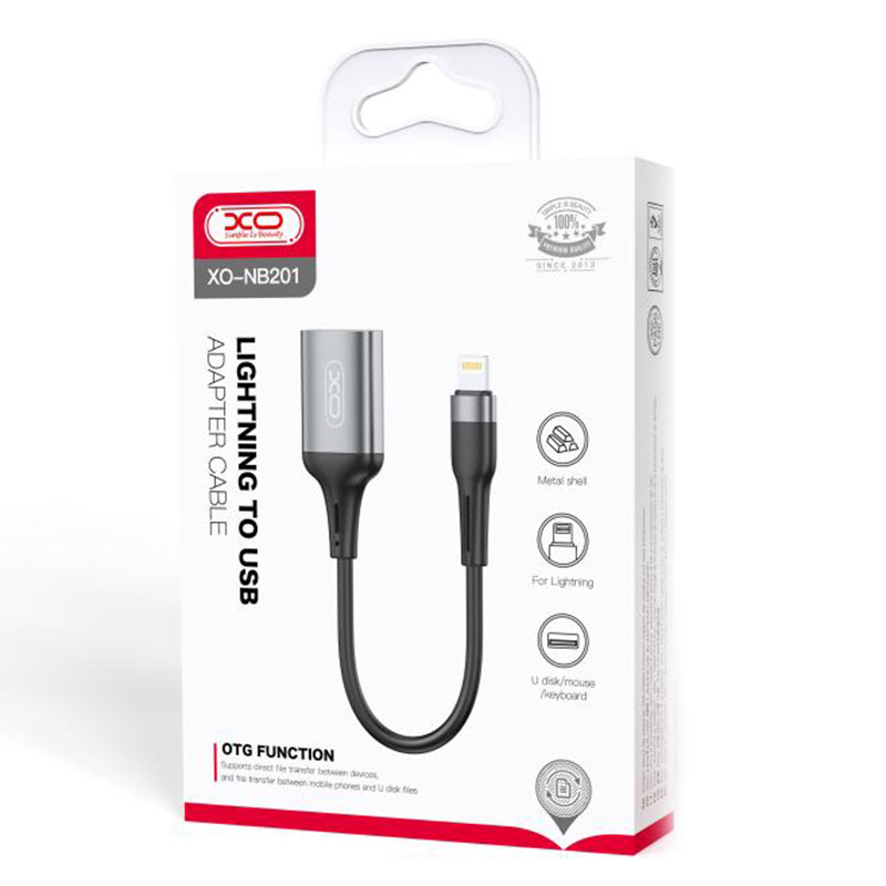 XO (NB201) - Cablu OTG Transfer, USB-A la Lightning, 15cm, Black