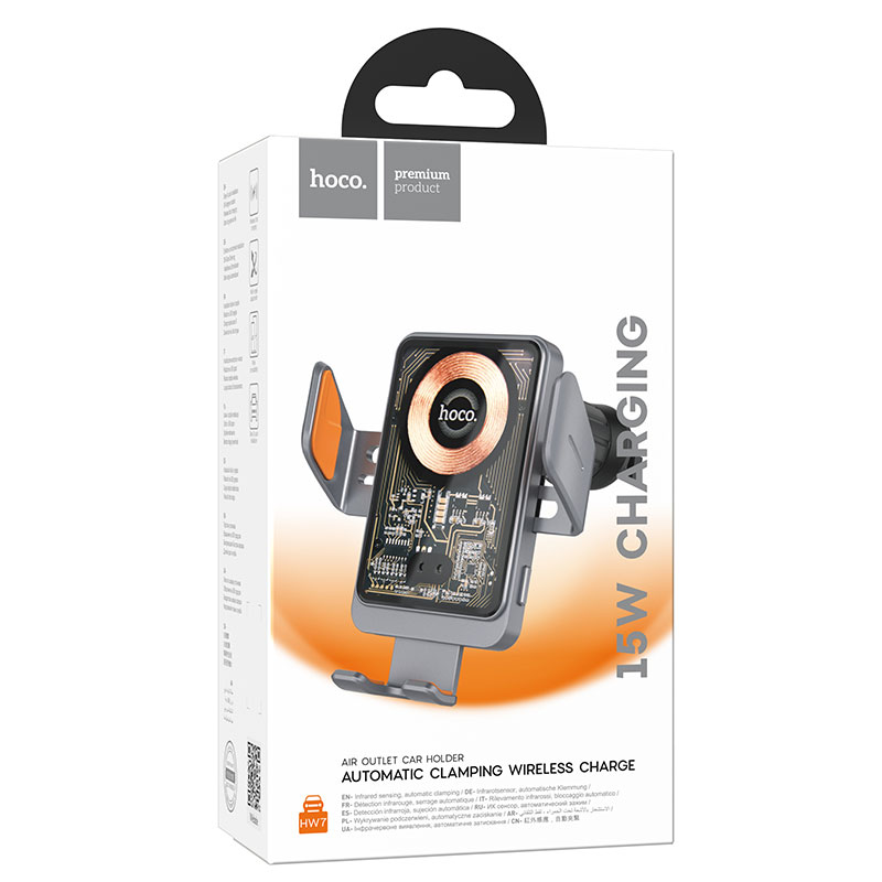 Hoco (HW7) - Suport Auto cu incarcare Wireless, 15W, cu cleme laterale, montaj Ventilatie, cablu USB-C, 1m, AutoSensor Lock, Gray/Transparent