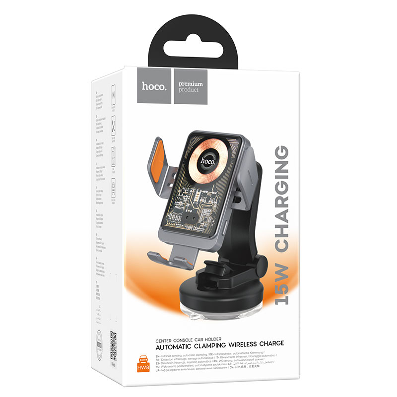 Hoco (HW8) - Suport Auto cu incarcare Wireless, 15W, cu cleme laterale, montaj Bord, cablu USB-C, 1m, AutoSensor Lock, Gray/Transparent
