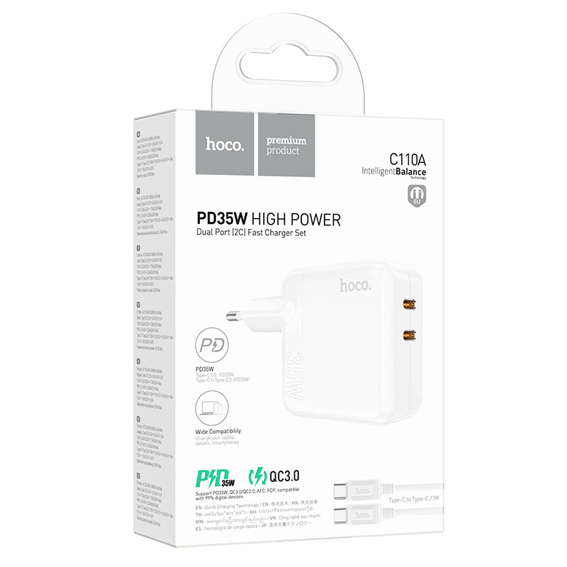 Hoco (C110A) - Incarcator Retea + Cablu USB-C, 35W, 2xUSB-C, PD, White
