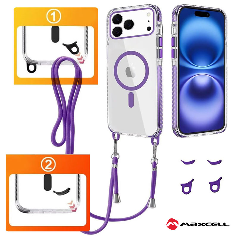 Husa MagFrame » iPhone 14 Pro Max, AntiDrop 2in1, Snur Detasabil, CLEAR / PURPLE frame