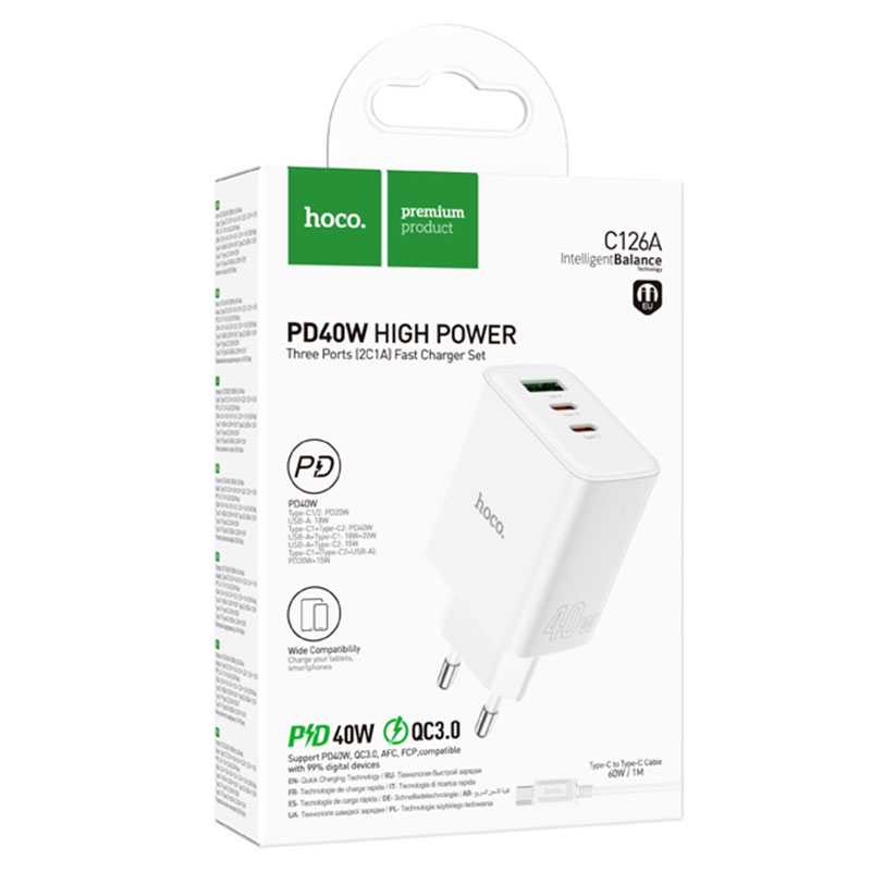 Hoco (C126A) - Incarcator Retea + Cablu USB-C, 40W, 2xUSB-C, 1xUSB-A, PD, QC 3.0, White