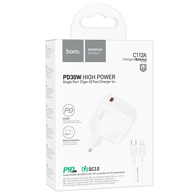 Hoco (C112A) - Incarcator Retea + Cablu USB-C, 30W, 1xUSB-C, PD, White