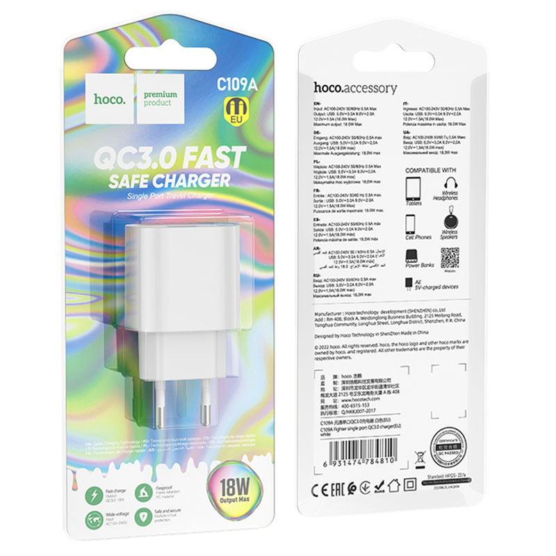 Hoco (C109A) - Incarcator Retea, 18W, 1xUSB-A, QC 3.0, White