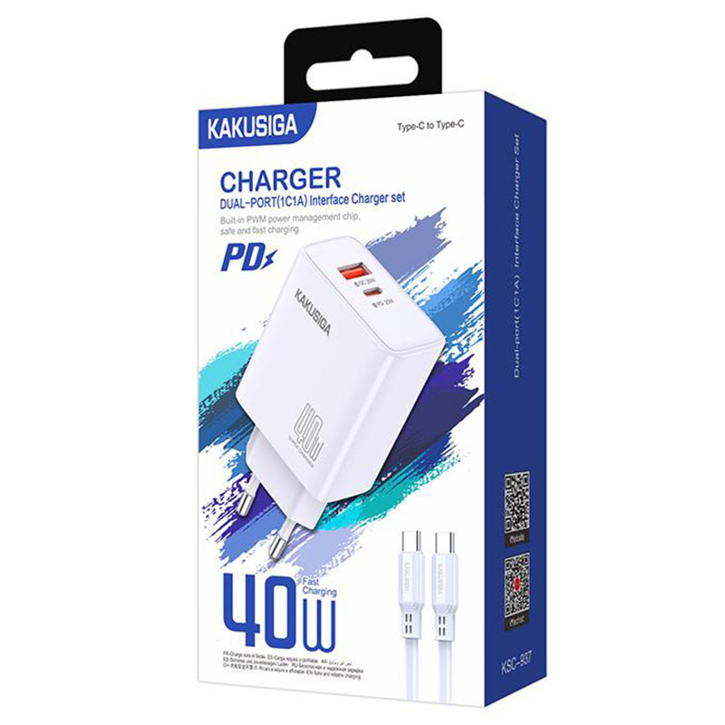 Kaku (KSC-937) - Incarcator Retea + Cablu USB-C, 40W, 1xUSB-C, 1xUSB-A, PD, QC 3.0, White