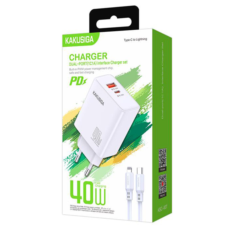 Kaku (KSC-937) - Incarcator Retea + Cablu Lightning, 40W, 1xUSB-C, 1xUSB-A, PD, QC 3.0, White