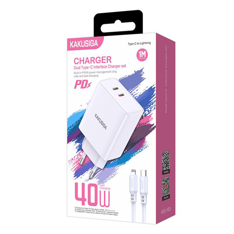 Kaku (KSC-923) - Incarcator Retea + Cablu Lightning, 40W, 2xUSB-C, PD, White