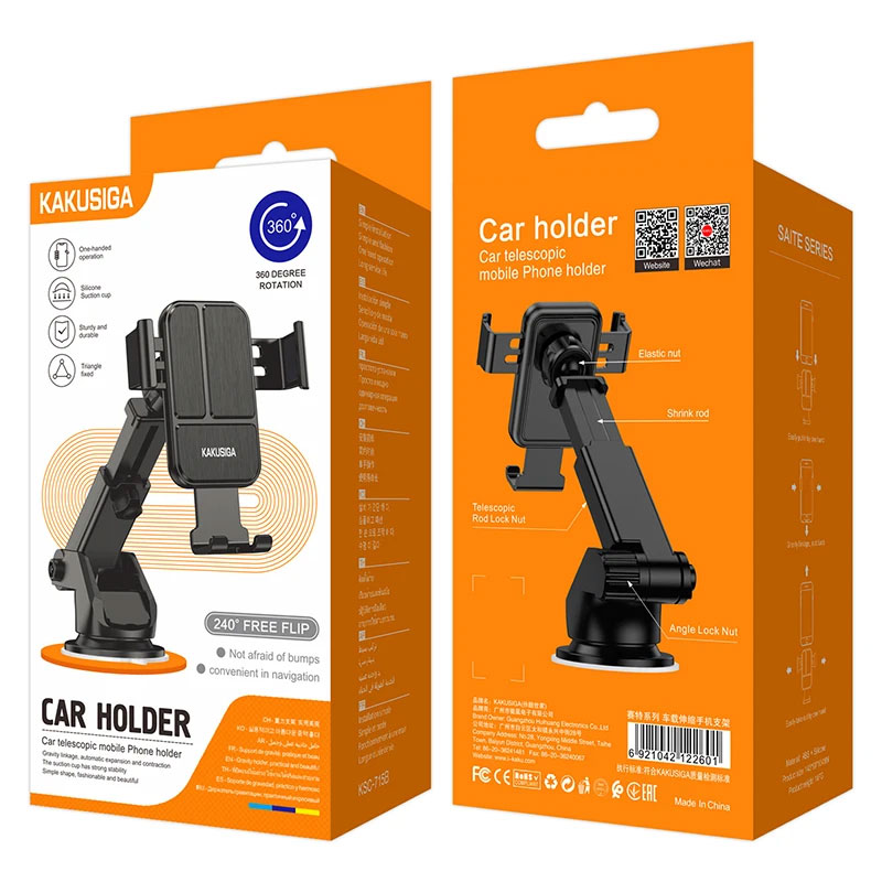 Kaku (KSC-715B) - Suport Auto, cu cleme laterale, montaj Bord, MultiAngle, brat ajustabil, Black