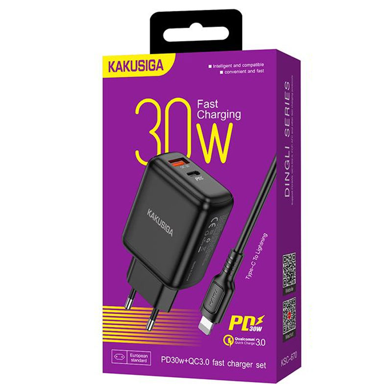 Kaku (KSC-670) - Incarcator Retea + Cablu Lightning, 30W, 1xUSB-C, 1xUSB-A, PD, QC 3.0, Black