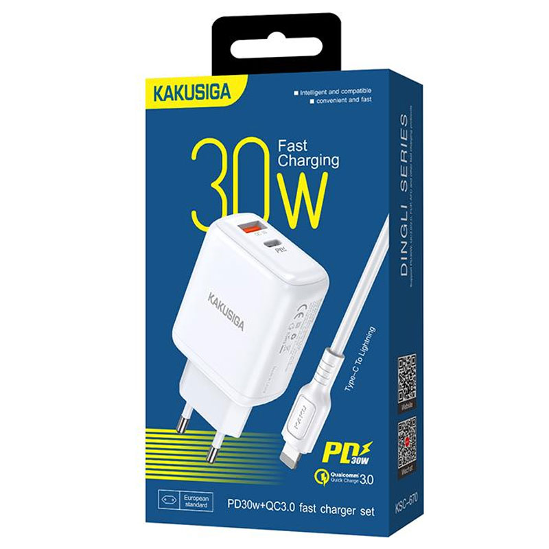 Kaku (KSC-670) - Incarcator Retea + Cablu Lightning, 30W, 1xUSB-C, 1xUSB-A, PD, QC 3.0, White