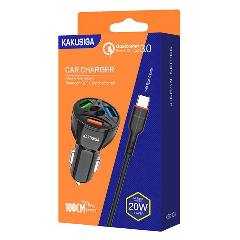 Kaku (KSC-493) - Incarcator Auto + Cablu USB-C, 20W, 3xUSB-A, QC 3.0, Black