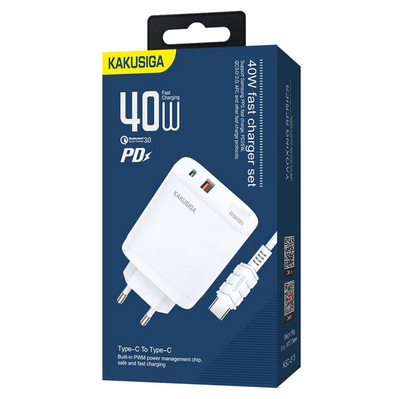 Kaku (KSC-813) - Incarcator Retea + Cablu USB-C, 40W, 2.4A, 1xUSB-C, 1xUSB-A, PD, QC 3.0, White