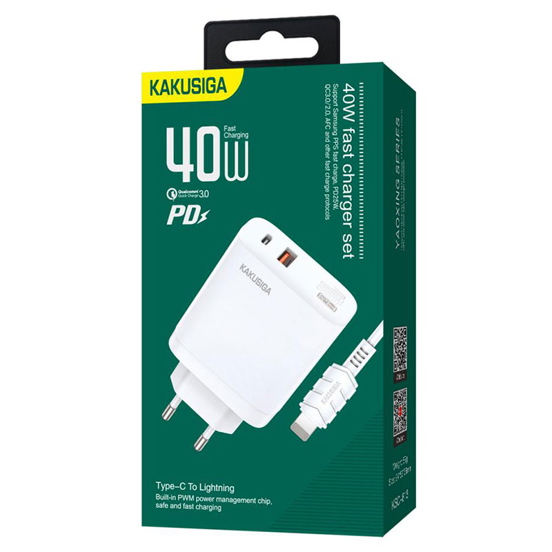 Kaku (KSC-813) - Incarcator Retea + Cablu Lightning, 40W, 2.4A, 1xUSB-C, 1xUSB-A, PD, QC 3.0, White