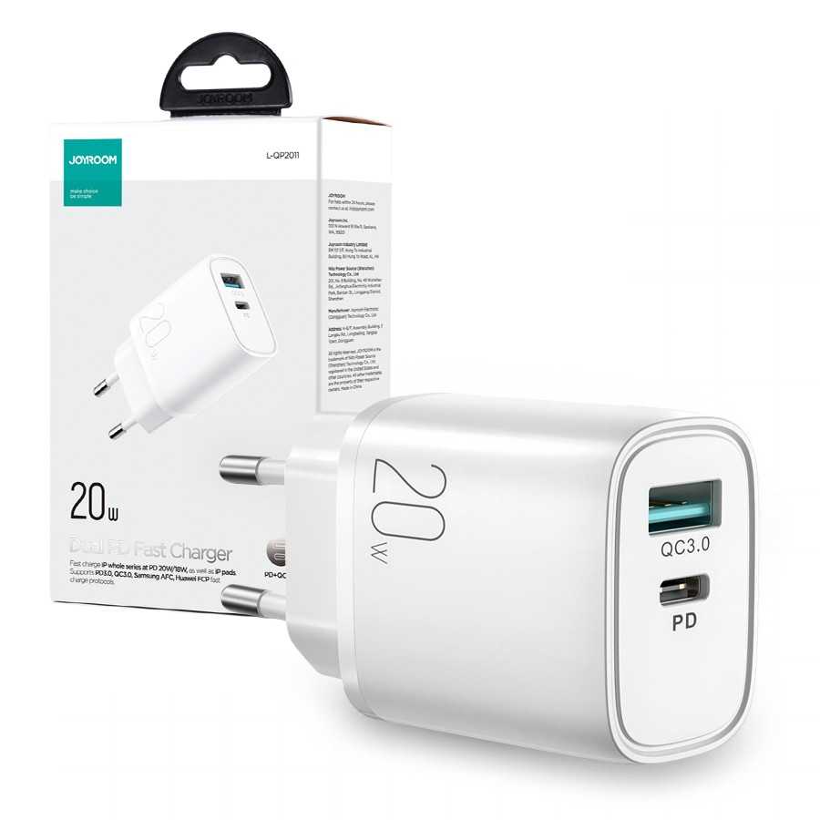 Joyroom (L-QP2011) - Incarcator Retea, 20W, 1xUSB-C, 1xUSB-A, PD, QC 3.0, White